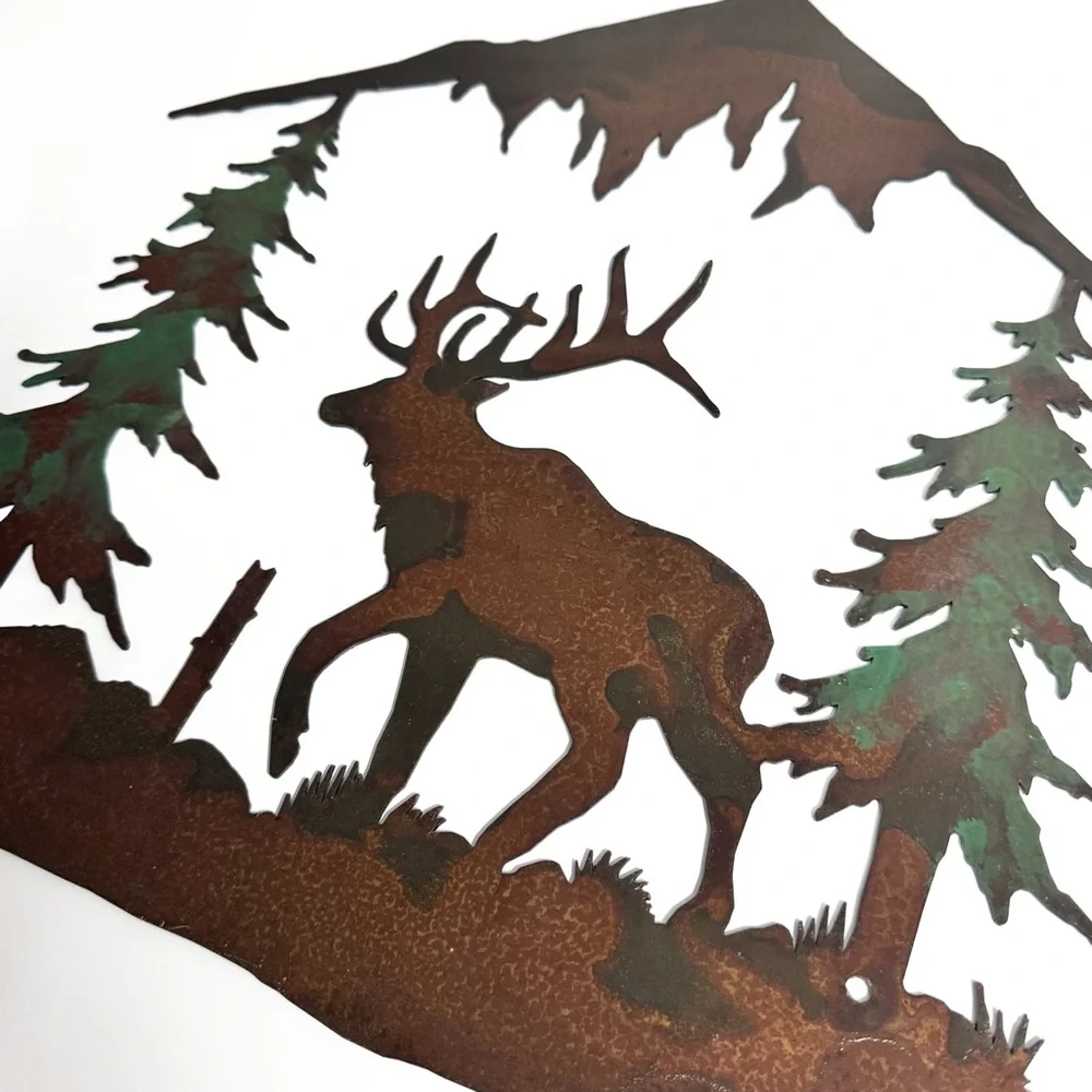 Rustic Elk Metal Wall Art with Trees and Mountains Rust-Finished